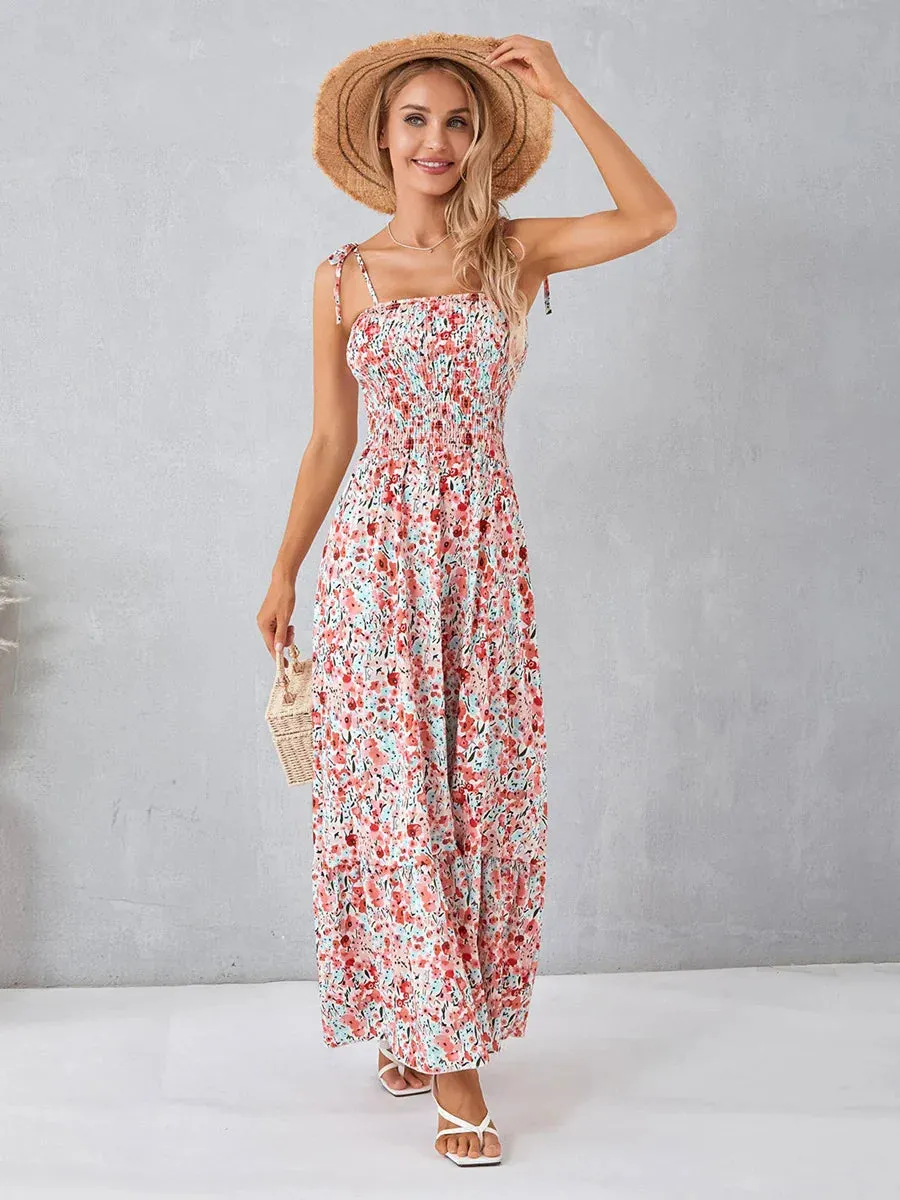 Straps Tie-up Long Floral Print Swing Summer Vacation Party Clubwear Casual Spaghetti Dress