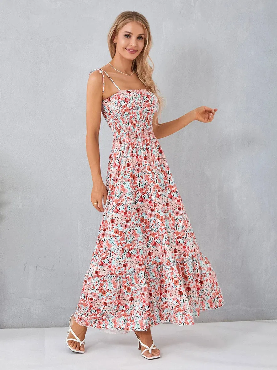 Straps Tie-up Long Floral Print Swing Summer Vacation Party Clubwear Casual Spaghetti Dress