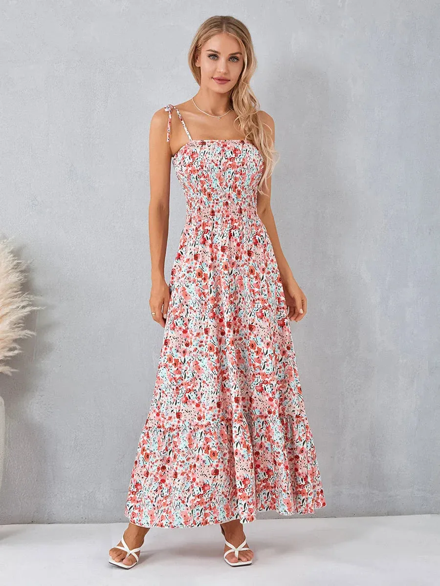 Straps Tie-up Long Floral Print Swing Summer Vacation Party Clubwear Casual Spaghetti Dress