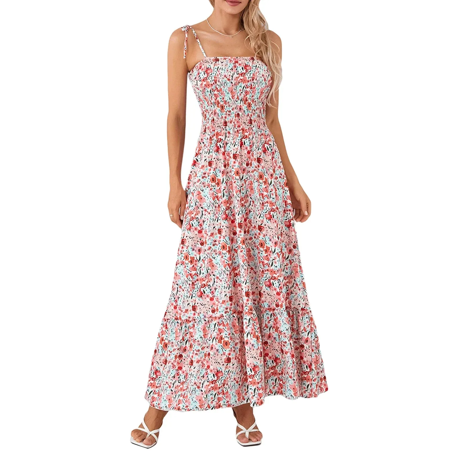Straps Tie-up Long Floral Print Swing Summer Vacation Party Clubwear Casual Spaghetti Dress