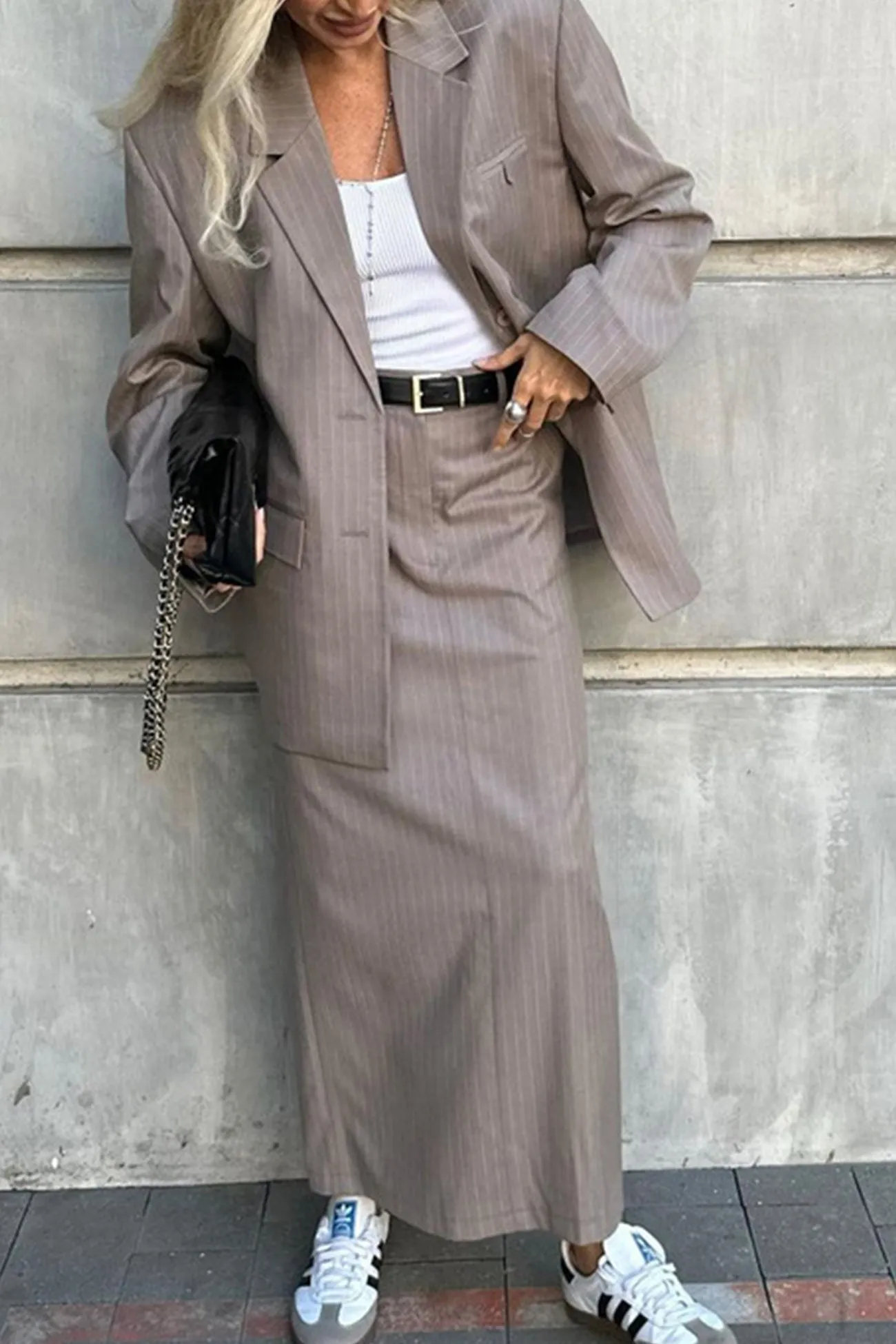 Striped Blazer Midi Skirt Two-piece Outfit