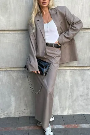 Striped Blazer Midi Skirt Two-piece Outfit