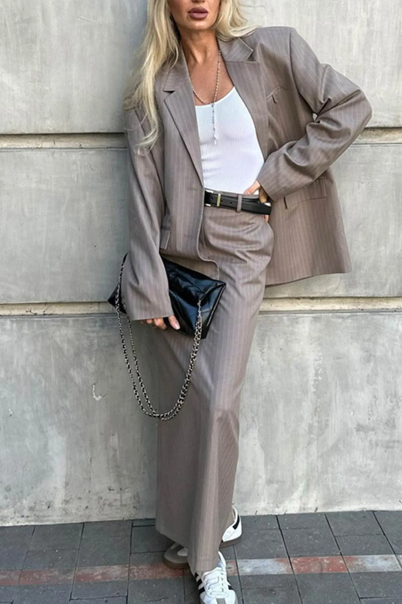 Striped Blazer Midi Skirt Two-piece Outfit