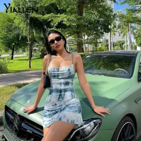 Summer Knit Sling Sleeveless Side Drawstring Casual Printing Street Slim MIni Dresses