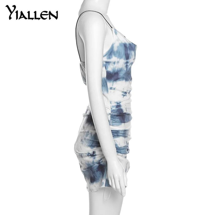 Summer Knit Sling Sleeveless Side Drawstring Casual Printing Street Slim MIni Dresses