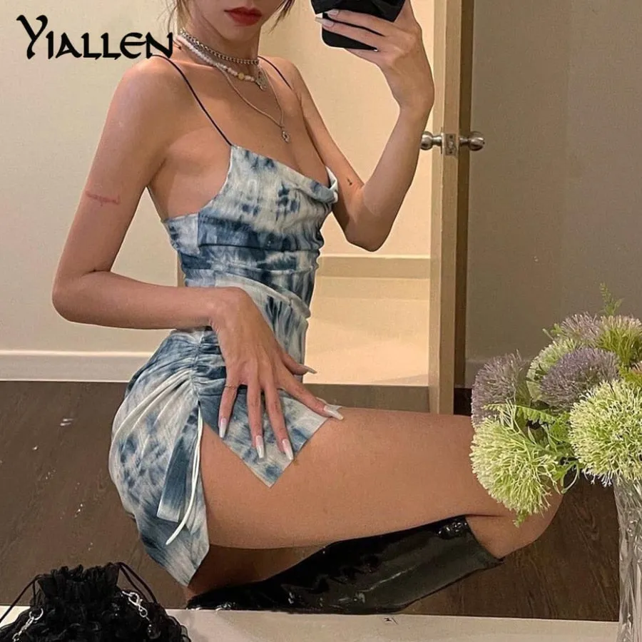 Summer Knit Sling Sleeveless Side Drawstring Casual Printing Street Slim MIni Dresses