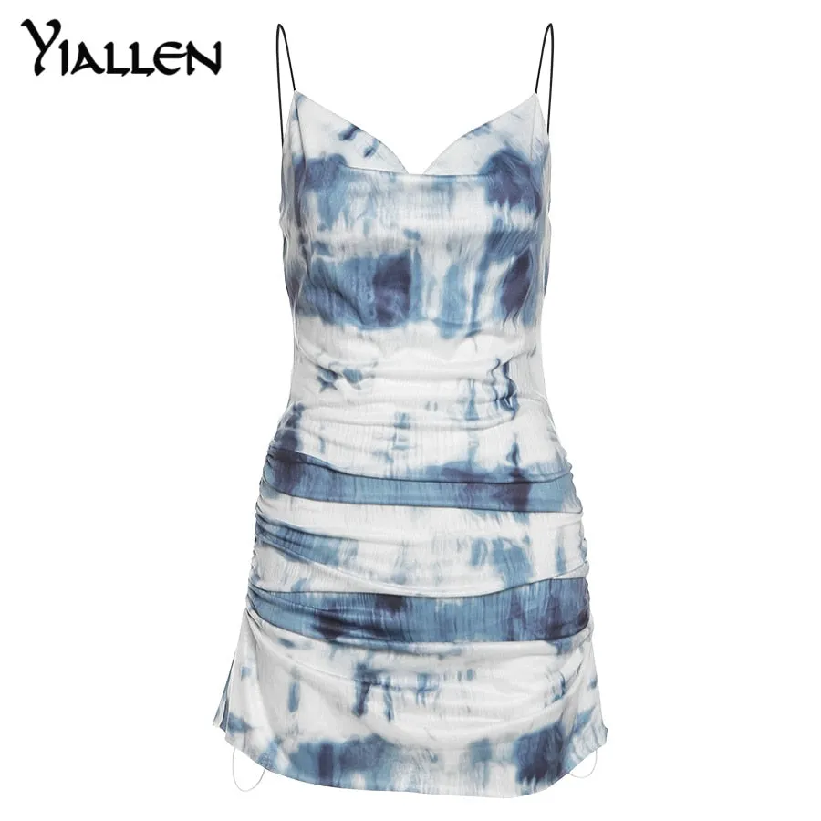 Summer Knit Sling Sleeveless Side Drawstring Casual Printing Street Slim MIni Dresses
