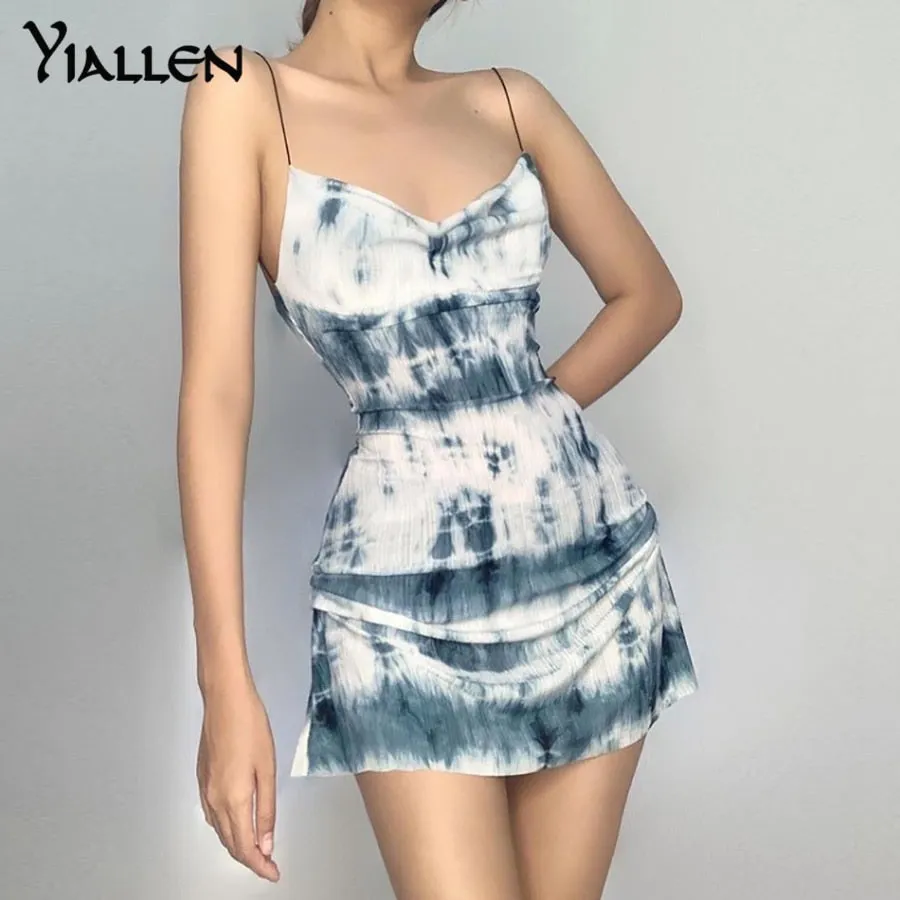 Summer Knit Sling Sleeveless Side Drawstring Casual Printing Street Slim MIni Dresses