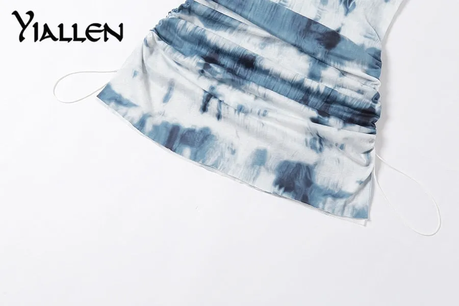 Summer Knit Sling Sleeveless Side Drawstring Casual Printing Street Slim MIni Dresses