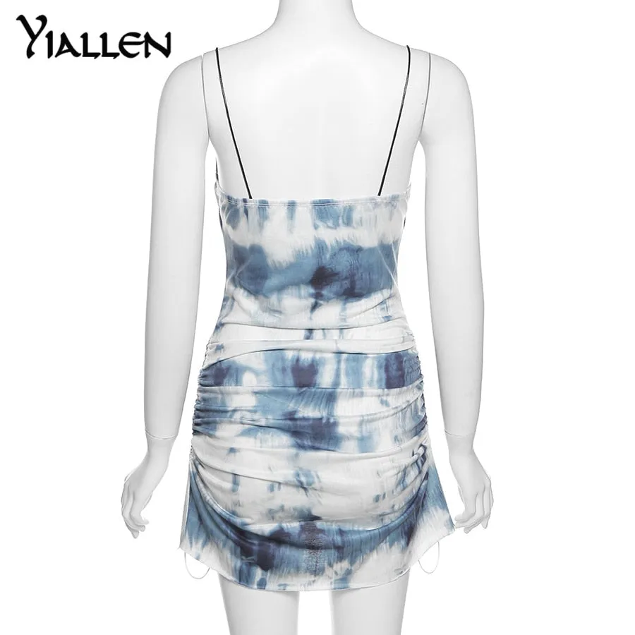 Summer Knit Sling Sleeveless Side Drawstring Casual Printing Street Slim MIni Dresses