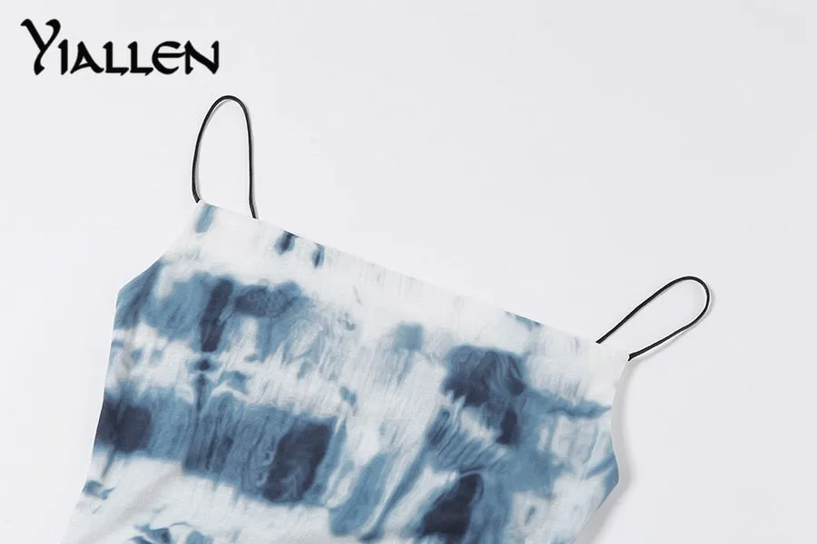 Summer Knit Sling Sleeveless Side Drawstring Casual Printing Street Slim MIni Dresses