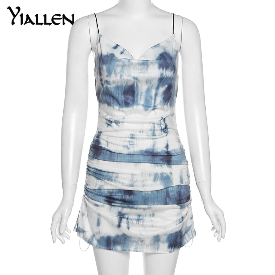Summer Knit Sling Sleeveless Side Drawstring Casual Printing Street Slim MIni Dresses