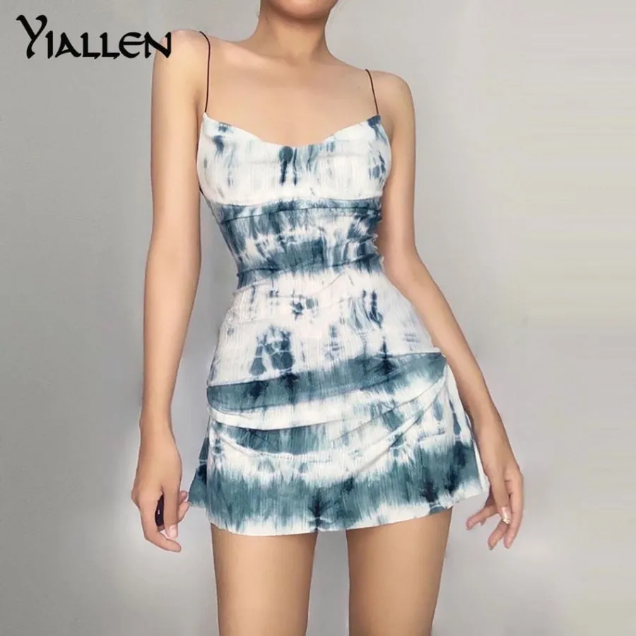 Summer Knit Sling Sleeveless Side Drawstring Casual Printing Street Slim MIni Dresses