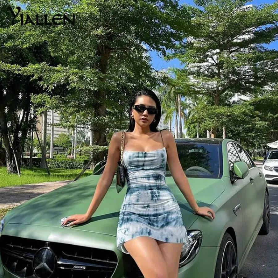 Summer Knit Sling Sleeveless Side Drawstring Casual Printing Street Slim MIni Dresses