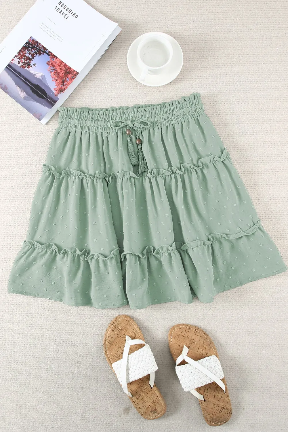 Swiss Dot Drawstring Frill Trim Skirt
