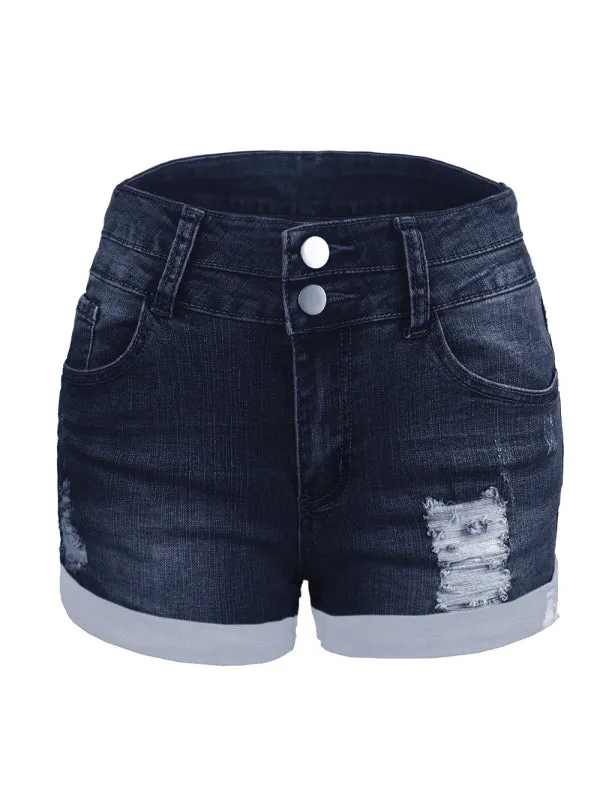 Trendy ripped rolled edge elastic high waist denim shorts women's hot pants