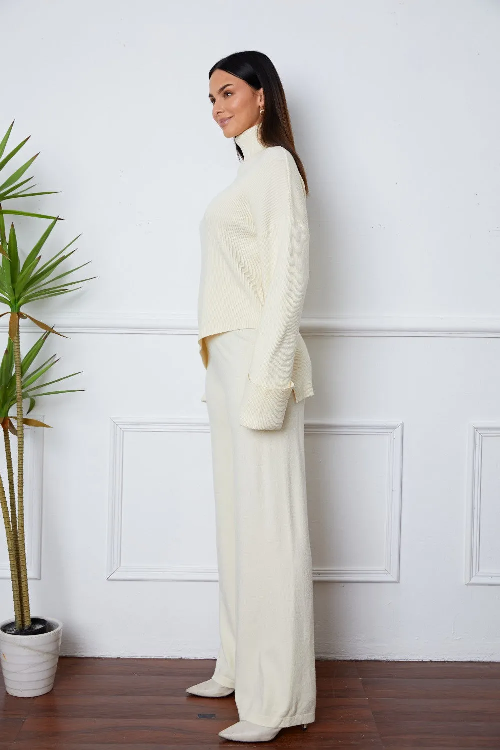 Turtleneck Dropped Shoulder Sweater Set – Cozy Top and Pants Two-Piece Outfit
