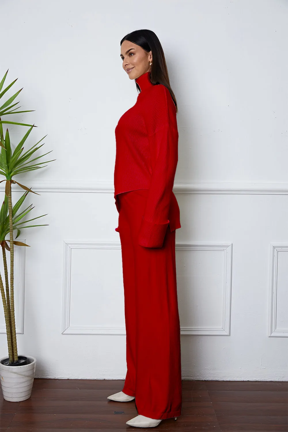 Turtleneck Dropped Shoulder Sweater Set – Cozy Top and Pants Two-Piece Outfit