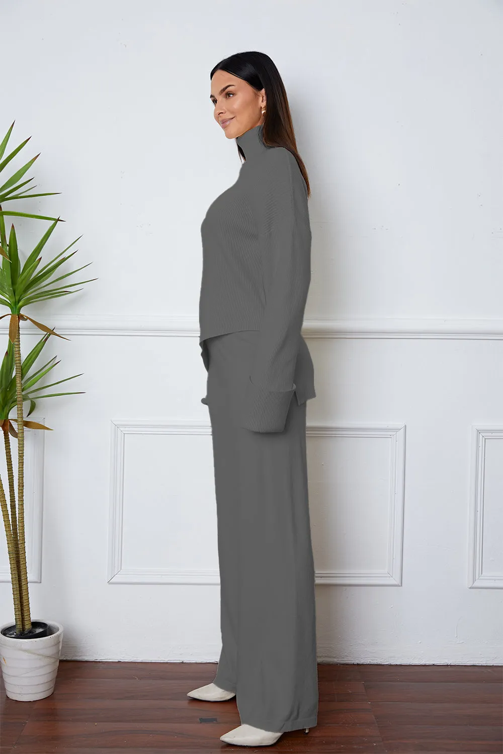Turtleneck Dropped Shoulder Sweater Set – Cozy Top and Pants Two-Piece Outfit