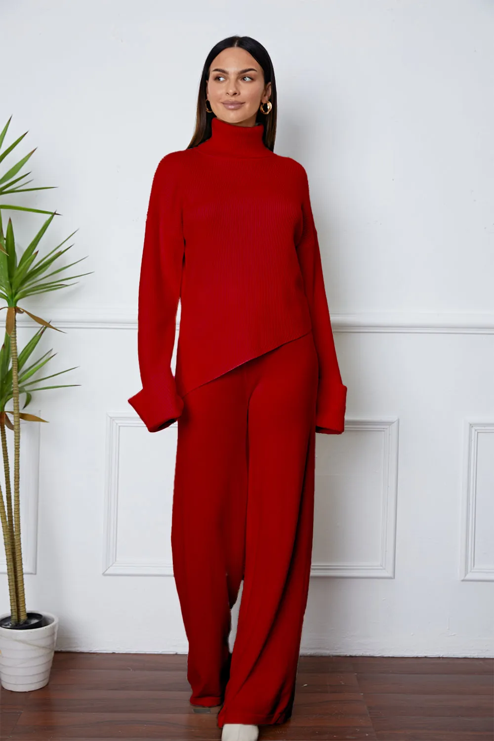 Turtleneck Dropped Shoulder Sweater Set – Cozy Top and Pants Two-Piece Outfit