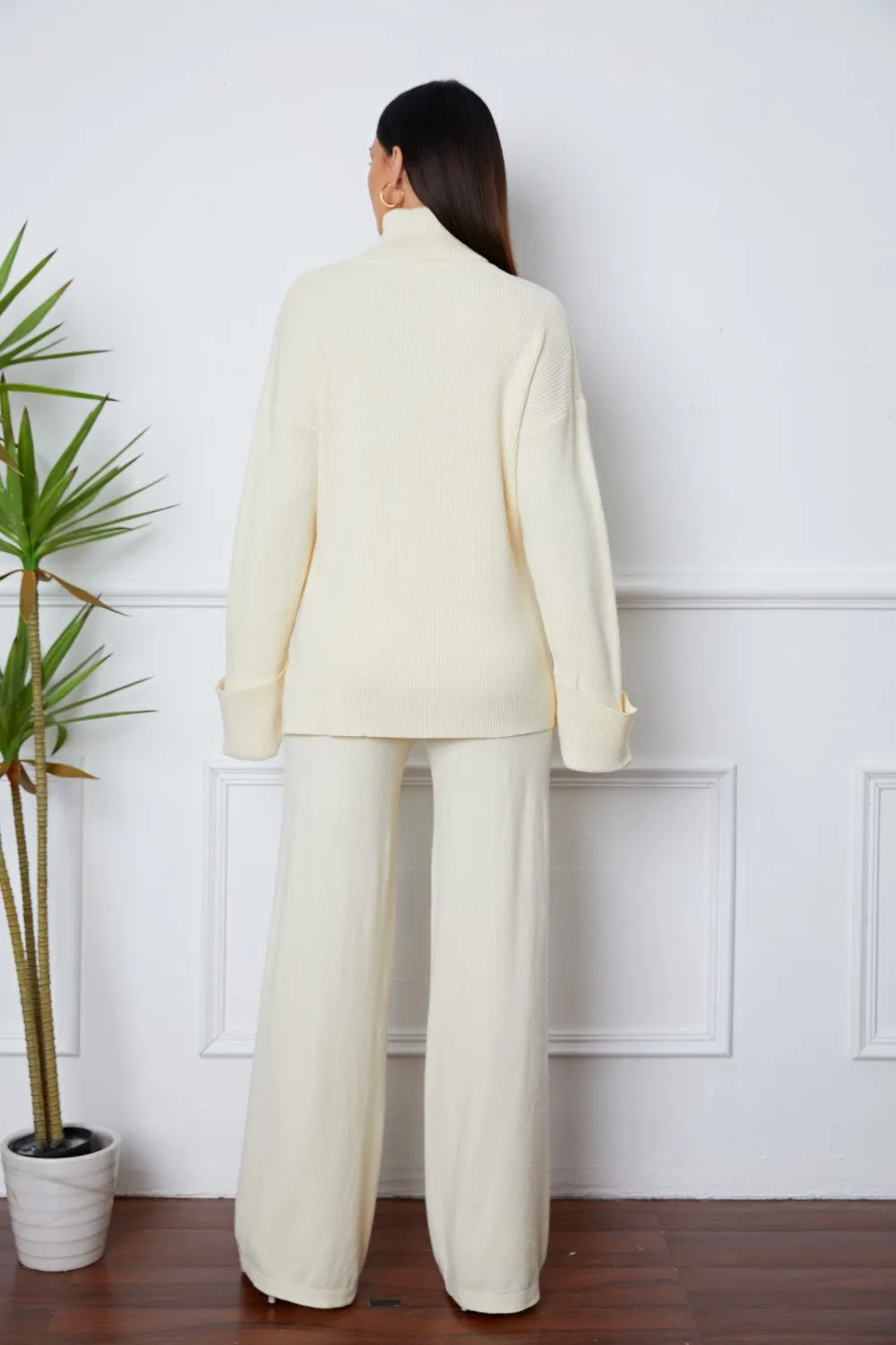 Turtleneck Dropped Shoulder Sweater Set – Cozy Top and Pants Two-Piece Outfit