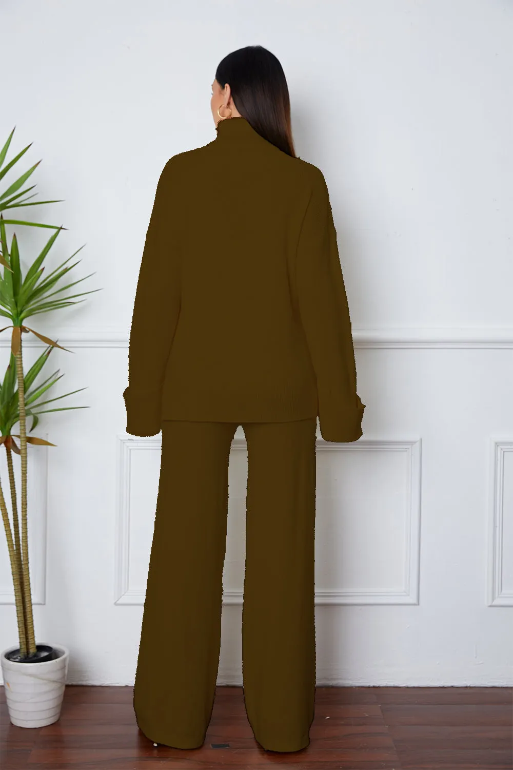 Turtleneck Dropped Shoulder Sweater Set – Cozy Top and Pants Two-Piece Outfit
