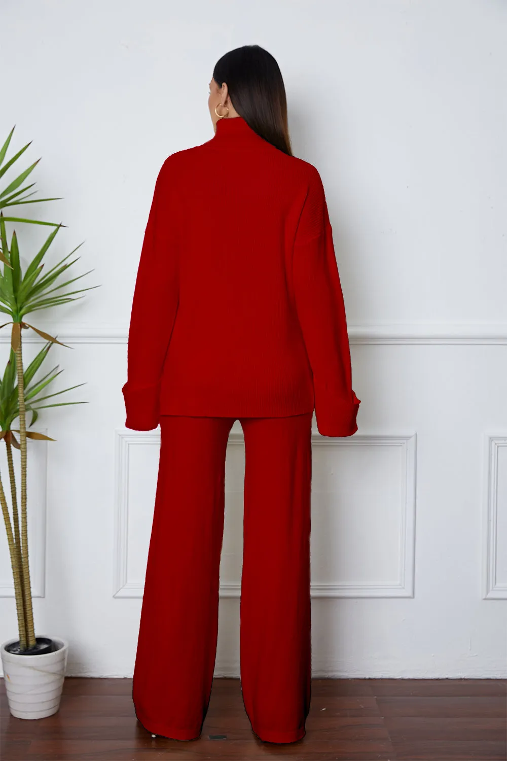 Turtleneck Dropped Shoulder Sweater Set – Cozy Top and Pants Two-Piece Outfit