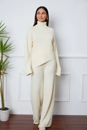 Turtleneck Dropped Shoulder Sweater Set – Cozy Top and Pants Two-Piece Outfit