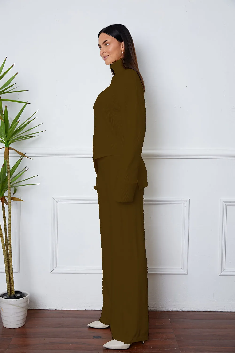 Turtleneck Dropped Shoulder Sweater Set – Cozy Top and Pants Two-Piece Outfit