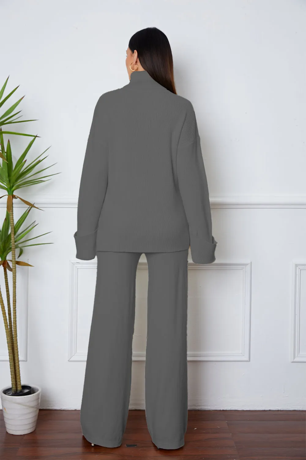 Turtleneck Dropped Shoulder Sweater Set – Cozy Top and Pants Two-Piece Outfit