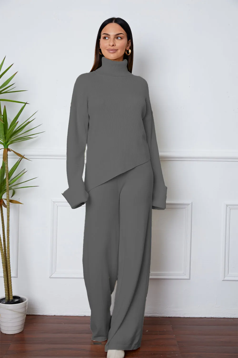 Turtleneck Dropped Shoulder Sweater Set – Cozy Top and Pants Two-Piece Outfit