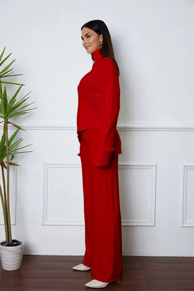 TURTLENECK SHOULDER DROP AND PANTS SWEATER SET