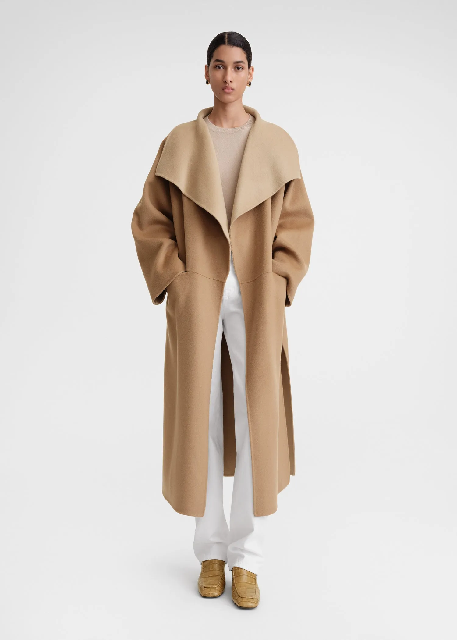 Two-tone signature wool cashmere coat dark biscuit