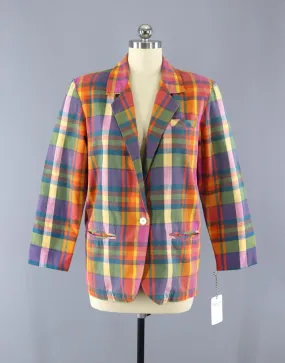 Vintage 1980s Orange Madras Plaid Cotton Blazer