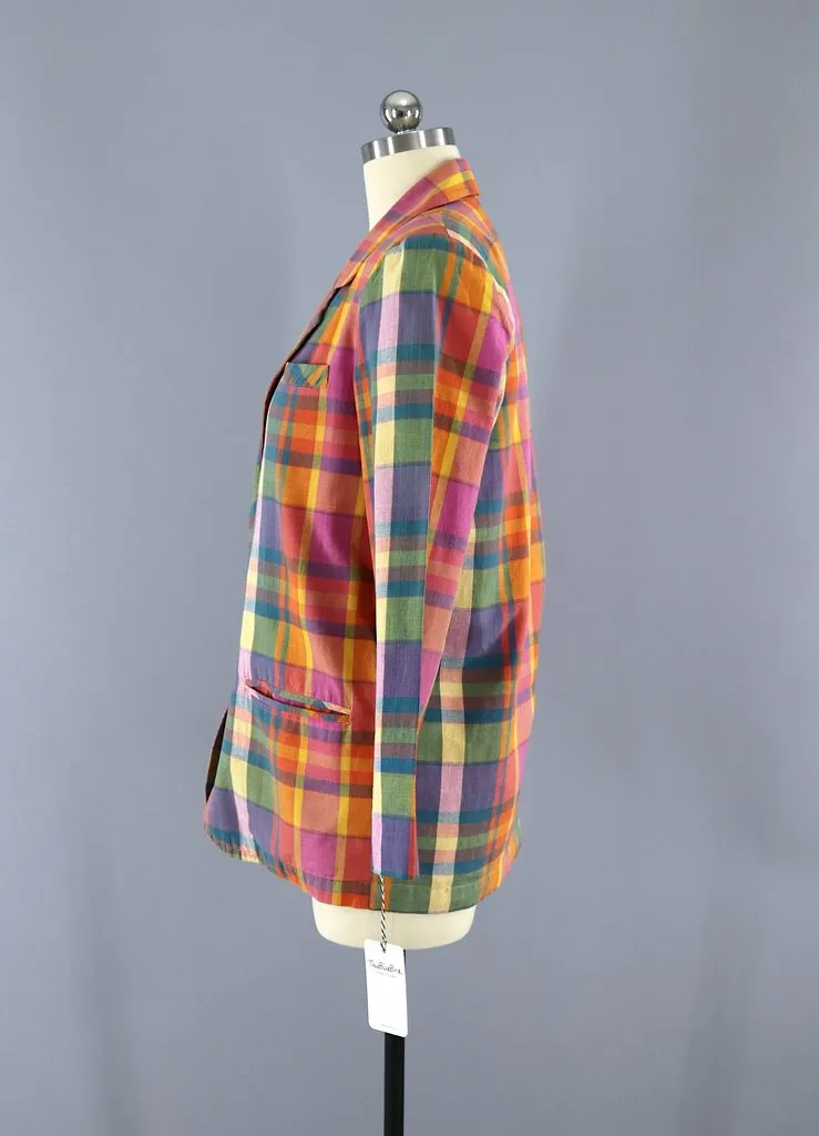 Vintage 1980s Orange Madras Plaid Cotton Blazer