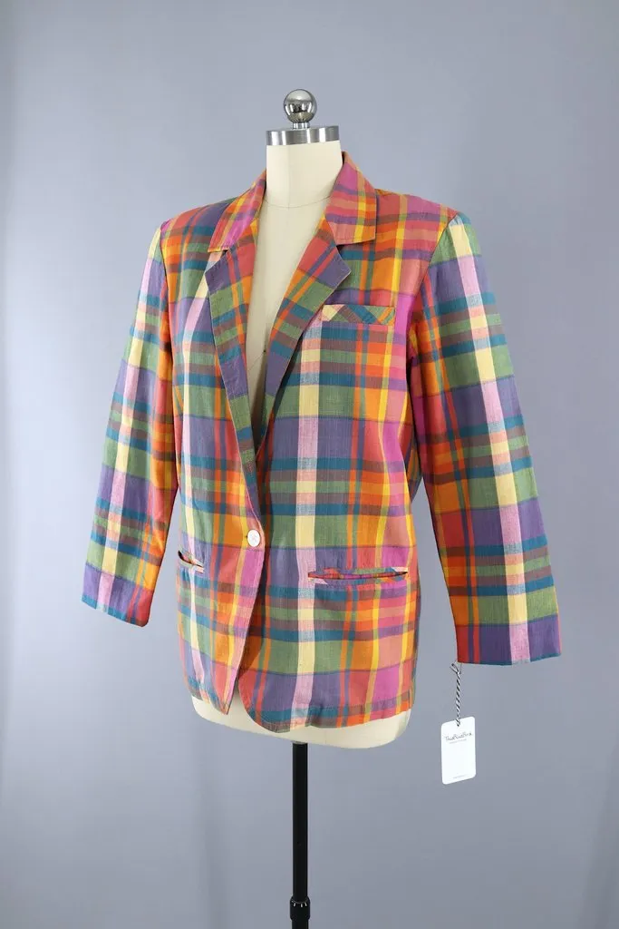 Vintage 1980s Orange Madras Plaid Cotton Blazer