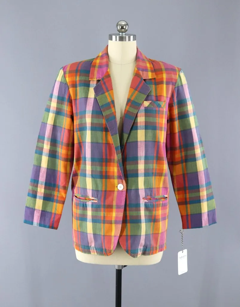 Vintage 1980s Orange Madras Plaid Cotton Blazer
