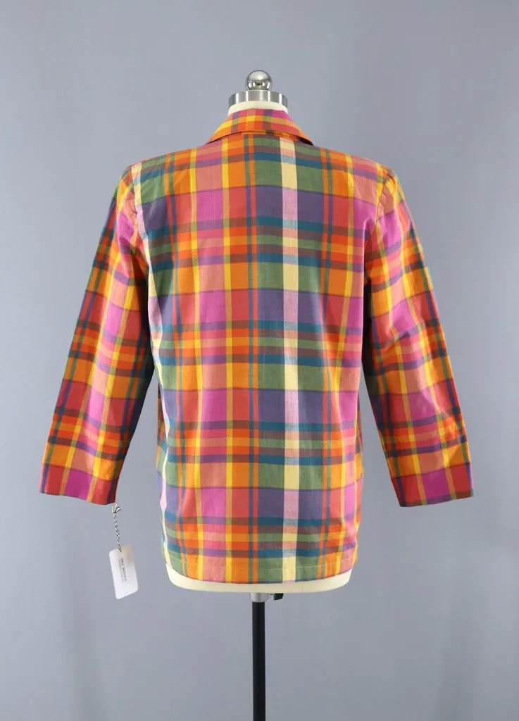 Vintage 1980s Orange Madras Plaid Cotton Blazer