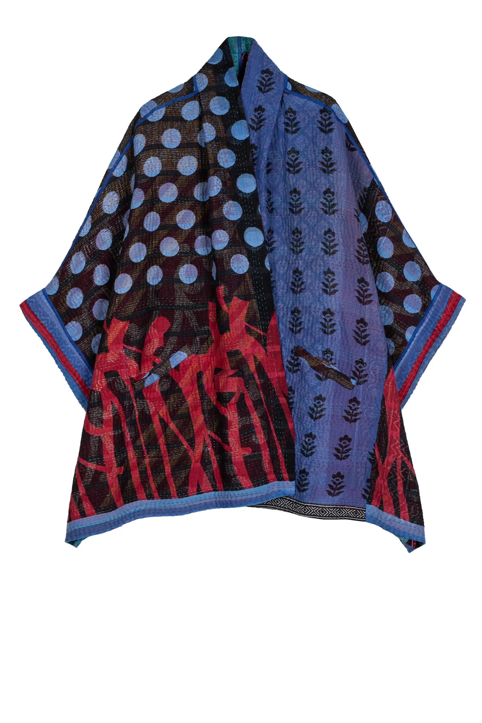 VINTAGE COTTON KANTHA DOUBLE COLLAR PONCHO - cv4323-0027a -