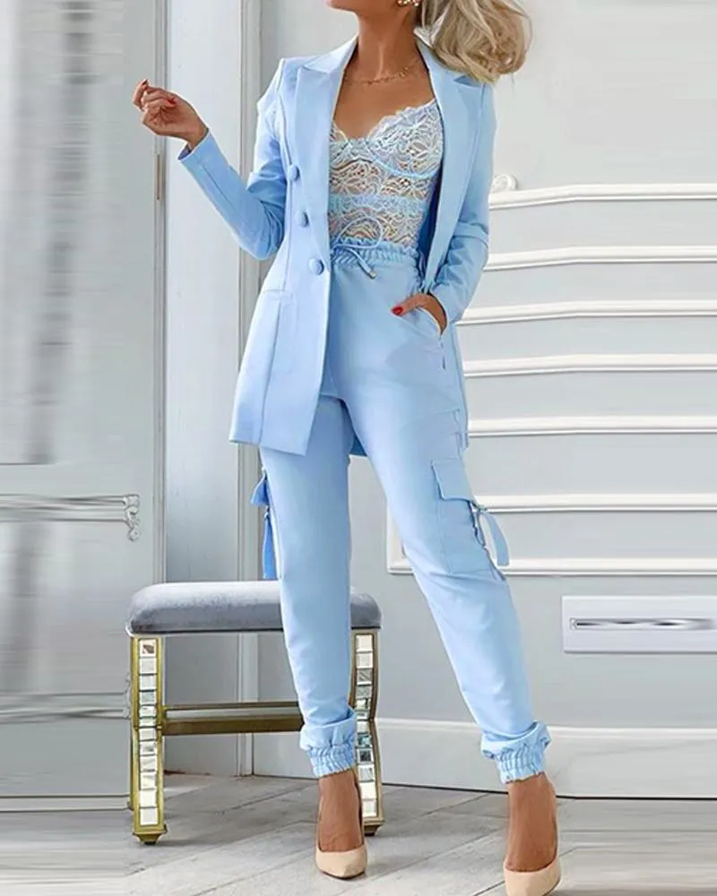 Wenkouban 2023 new ladies' temperament commuter 2-piece button suit jacket and pocket design pants suit