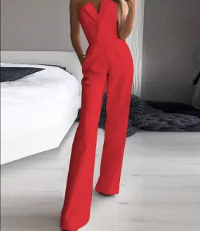 Wenkouban Red Straight Leg Pocket Detail Sleeveless Tube Jumpsuit