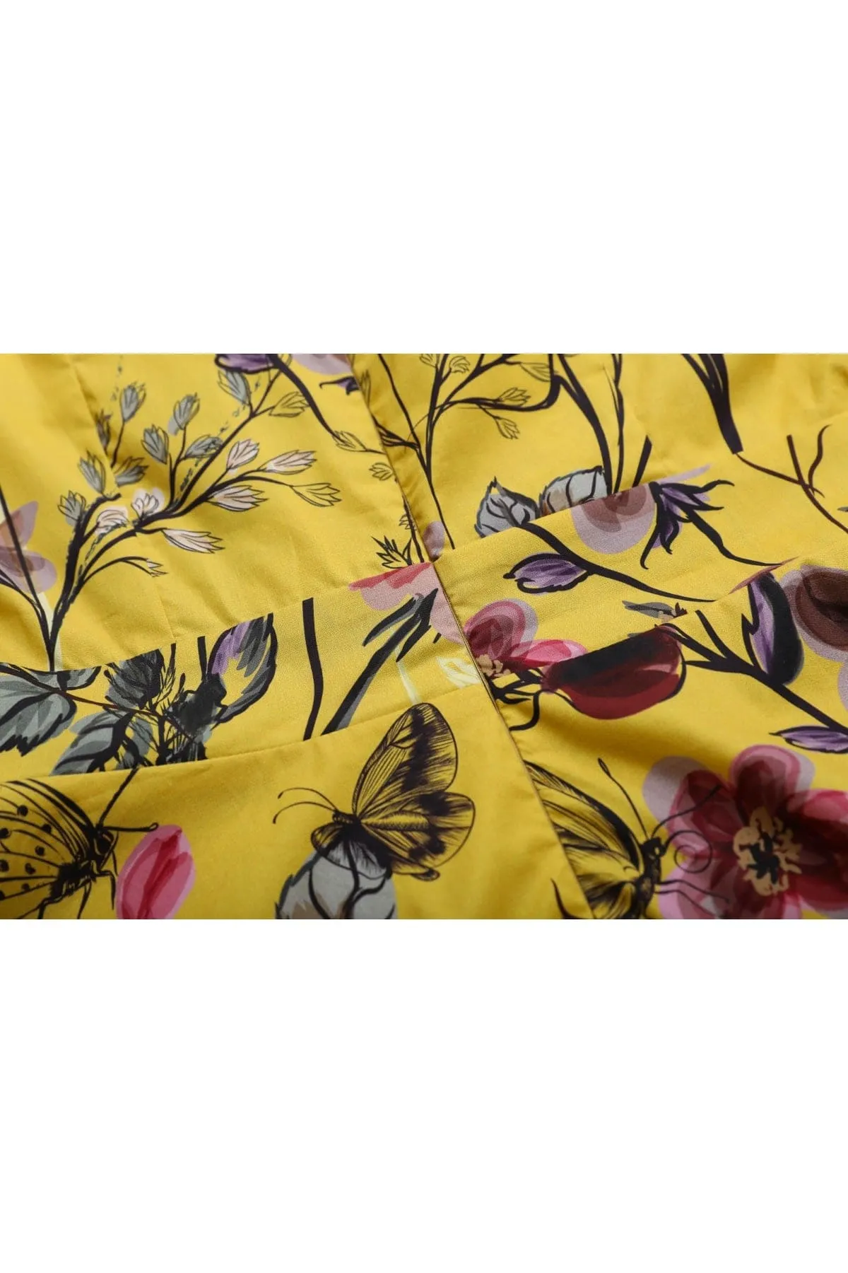 Whimsical Yellow Keyhole Short Sleeve with Red Berry Flower & Beautiful Butterflies A Line Cotton Dress with Pockets