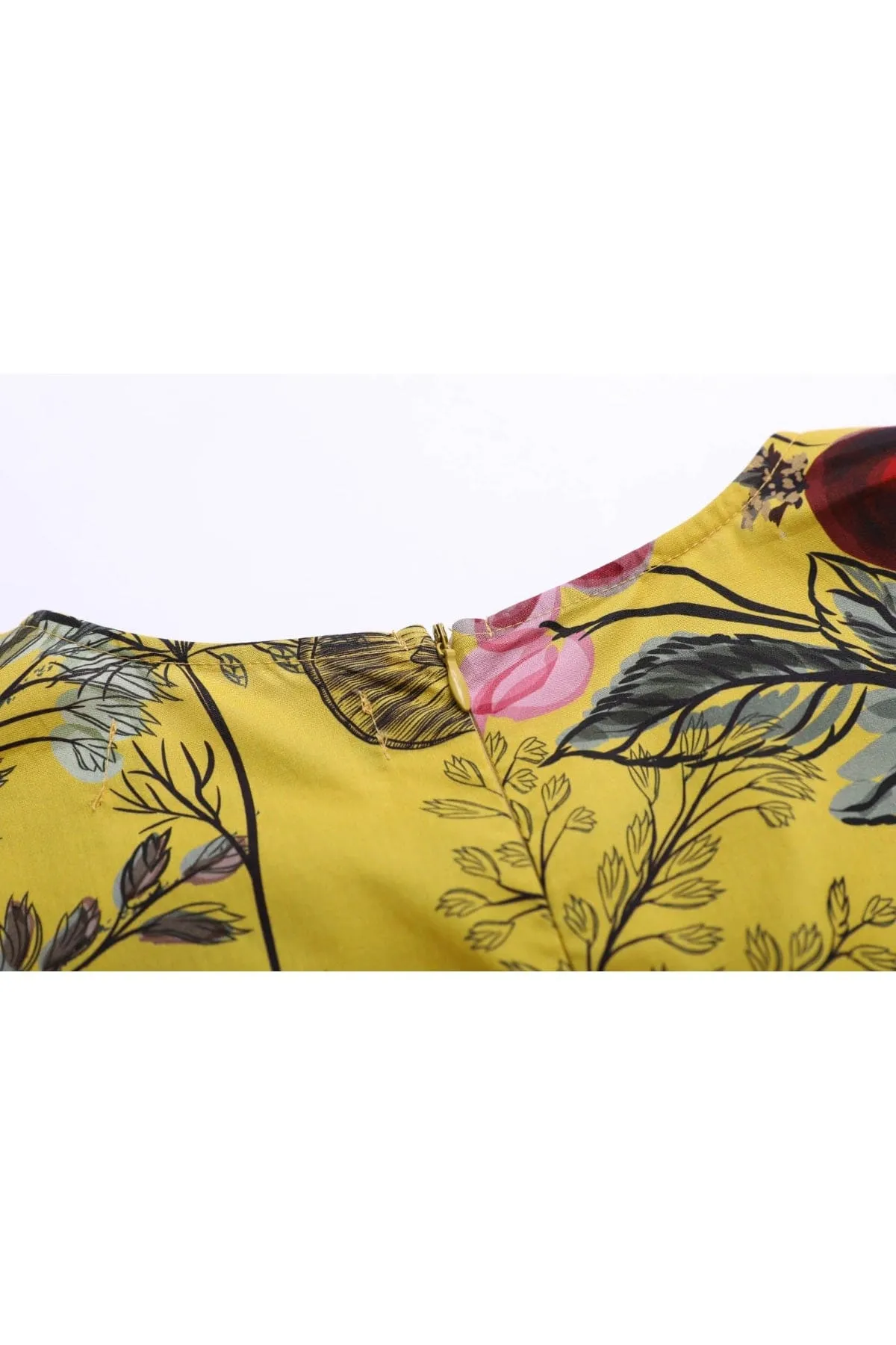 Whimsical Yellow Keyhole Short Sleeve with Red Berry Flower & Beautiful Butterflies A Line Cotton Dress with Pockets