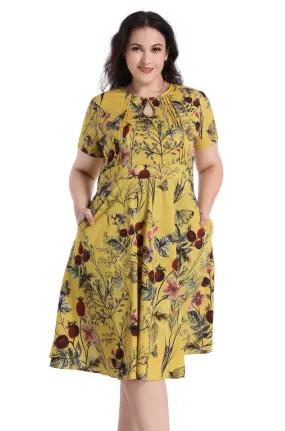 Whimsical Yellow Keyhole Short Sleeve with Red Berry Flower & Beautiful Butterflies A Line Cotton Dress with Pockets