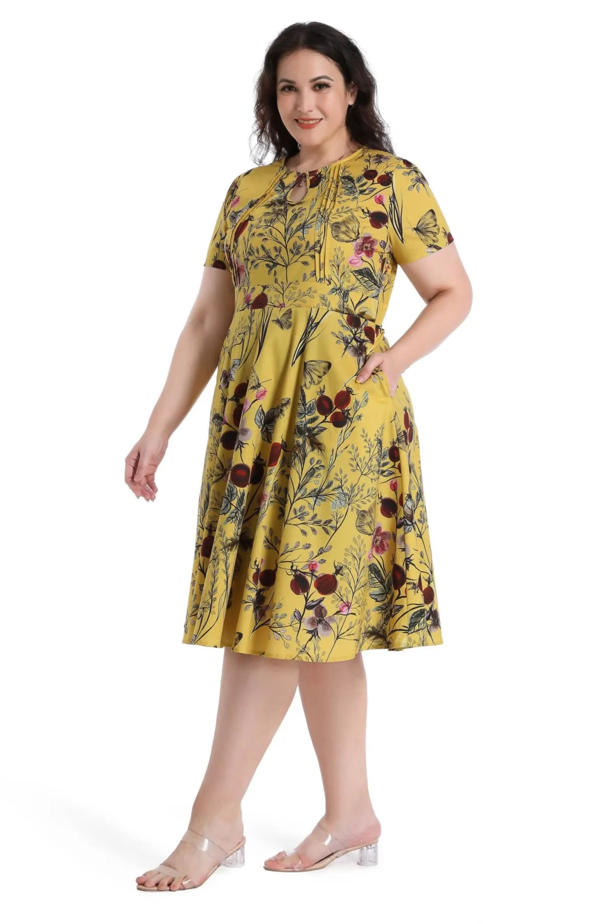 Whimsical Yellow Keyhole Short Sleeve with Red Berry Flower & Beautiful Butterflies A Line Cotton Dress with Pockets