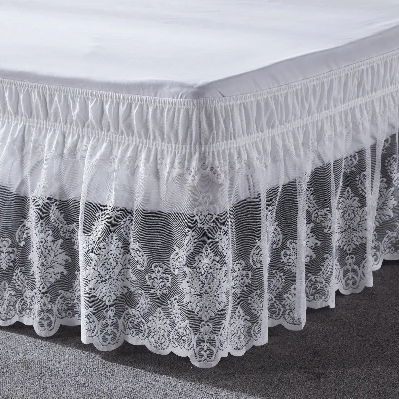 White Embroidered Bed Skirt Elastic Band Bed Skirt