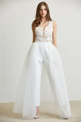White Embroidered Mesh Tulle Jumpsuit