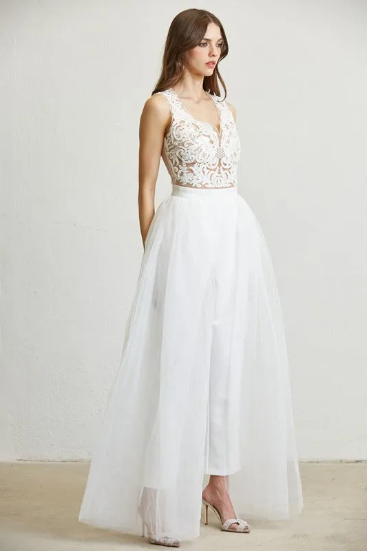 White Embroidered Mesh Tulle Jumpsuit