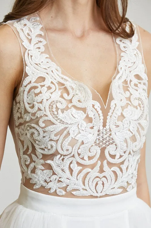 White Embroidered Mesh Tulle Jumpsuit