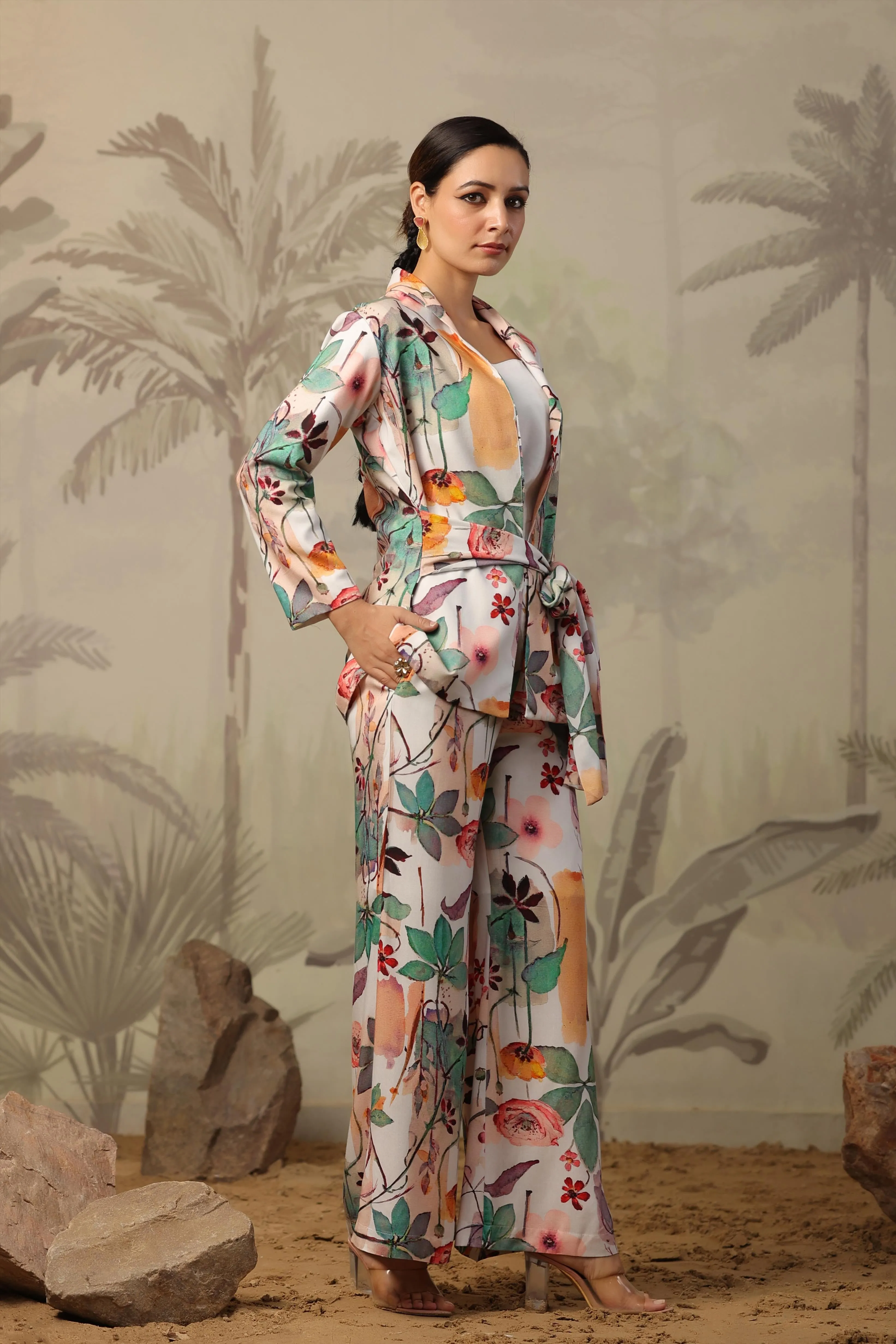 White Rayon Floral Printed Blazer Co-Ord Set